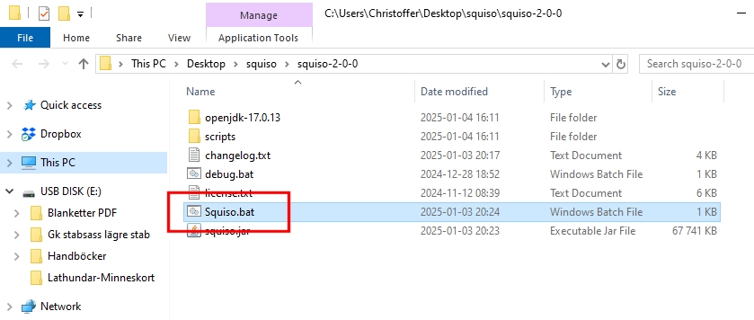 To start Squiso, simply double click on <code>Squiso.bat</code>. To start Squiso, simply double click on <code>Squiso.bat</code>.