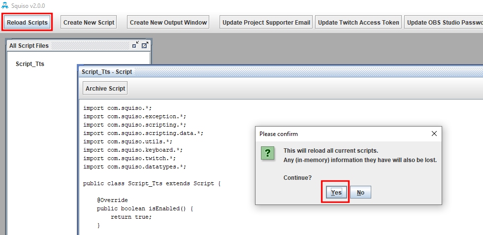 When you have written your script, you need to compile and load it by pressing the "Reload Scripts" button. When you have written your script, you need to compile and load it by pressing the "Reload Scripts" button.