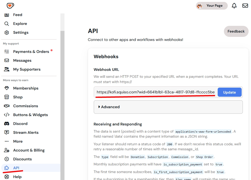 In your Ko-fi API settings page, copy and paste this webhook URL. In your Ko-fi API settings page, copy and paste this webhook URL.