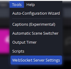 Start by opening up the "Tools" menu and then click on "WebSocket Server Settings" in OBS Studio. Start by opening up the "Tools" menu and then click on "WebSocket Server Settings" in OBS Studio.
